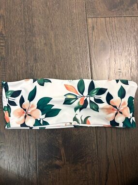 Zaful White Bandeau Bikini Top with Green & Peach Floral Print